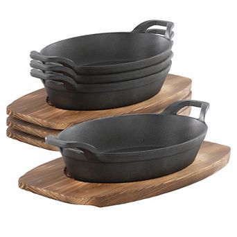 4 pc Mini Cast Iron Oval Pan with Wood Tray Set