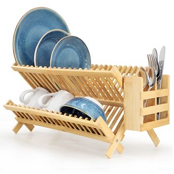 Elama 2 tier Collapsible Kitchen Bamboo Drying Dish Rack with Utensil Holder