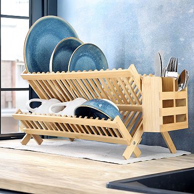 Elama 2-Tier Collapsible Kitchen Bamboo Drying Dish Rack with Utensil Holder