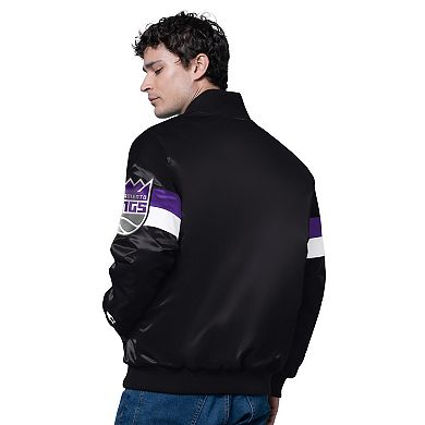 Men's Starter Black Sacramento Kings Triple Option Varsity Full-Snap Satin Jacket