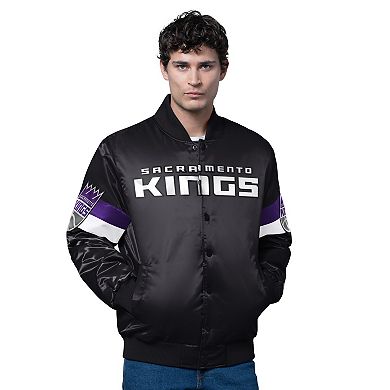 Men's Starter Black Sacramento Kings Triple Option Varsity Full-Snap Satin Jacket