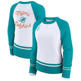 Women's WEAR by Erin Andrews White/Aqua Miami Dolphins Colorblock Raglan Sweater