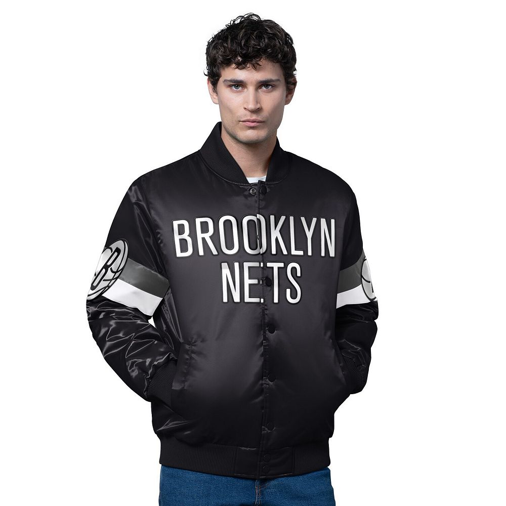 Men's Starter Black Brooklyn Nets Triple Option Varsity Full-Snap Satin ...