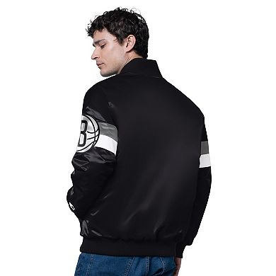 Men's Starter Black Brooklyn Nets Triple Option Varsity Full-Snap Satin Jacket