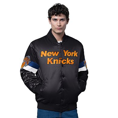 Men's Starter Black New York Knicks Triple Option Varsity Full-Snap Satin Jacket