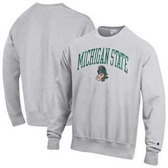 Men's Champion Gray Michigan State Spartans Distressed Arch Over Logo Reverse Weave Crew Neck Sweatshirt