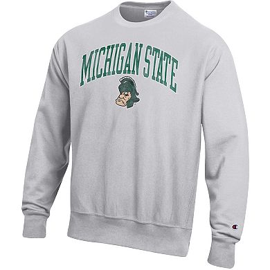 Men's Champion Gray Michigan State Spartans Distressed Arch Over Logo Reverse Weave Crew Neck Sweatshirt