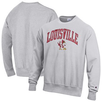 Men's Champion Gray Louisville Cardinals Distressed Arch Over Logo Reverse Weave Crew Neck Sweatshirt