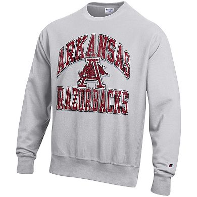 Men's Champion Gray Arkansas Razorbacks Distressed Arch Over Logo Reverse Weave Crew Neck Sweatshirt