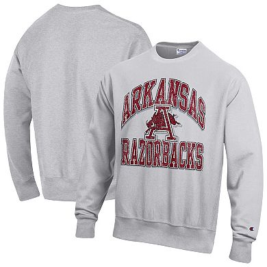 Men's Champion Gray Arkansas Razorbacks Distressed Arch Over Logo Reverse Weave Crew Neck Sweatshirt