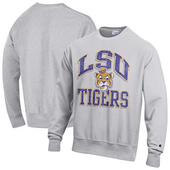 Men's Champion Gray LSU Tigers Distressed Arch Over Logo Reverse Weave Crew Neck Sweatshirt