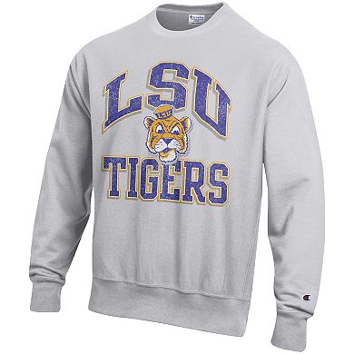 Men's Champion Gray LSU Tigers Distressed Arch Over Logo Reverse Weave Crew Neck Sweatshirt