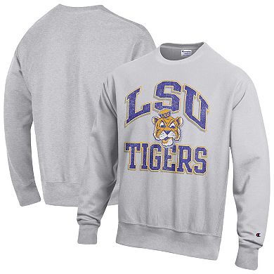 Men's Champion Gray LSU Tigers Distressed Arch Over Logo Reverse Weave Crew Neck Sweatshirt