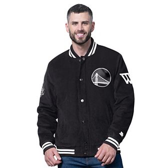 Men's Starter Black Golden State Warriors Blackout Corduroy Full-Snap Varsity Jacket
