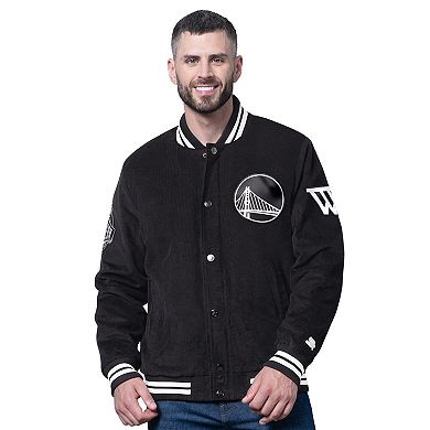 Men's Starter Black Golden State Warriors Blackout Corduroy Full-Snap Varsity Jacket