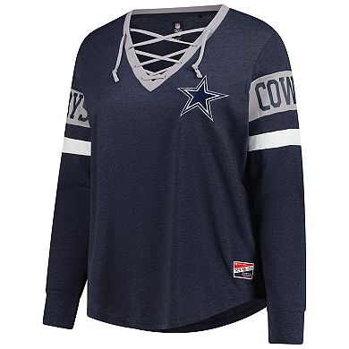 Women's New Era Navy Dallas Cowboys Plus Size Throwback Lace-Up Long Sleeve T-Shirt