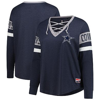 Women's New Era Navy Dallas Cowboys Plus Size Throwback Lace-Up Long Sleeve T-Shirt
