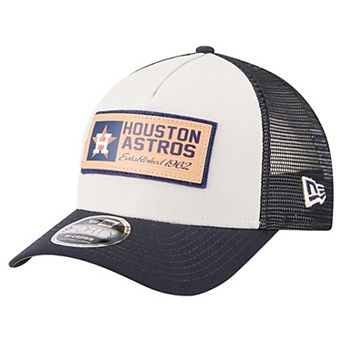 Men's New Era Stone/Navy Houston Astros Text A-Frame Trucker 9FORTY Hat