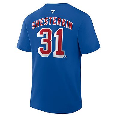 Men's Fanatics Igor Shesterkin Blue New York Rangers Authentic Stack Name & Number T-Shirt