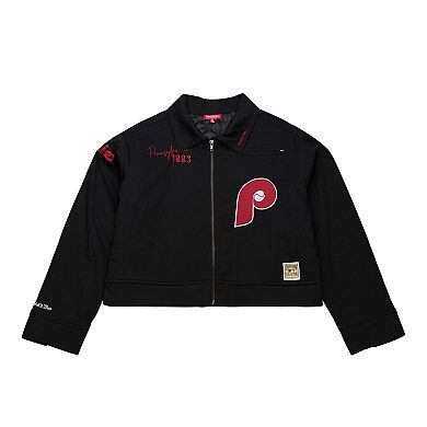 Women's Mitchell & Ness Black Philadelphia Phillies Mechanic Cropped Full-Zip Jacket