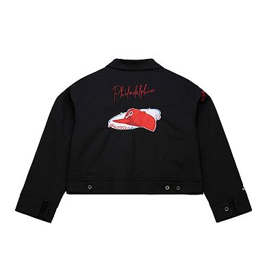 Women's Mitchell & Ness Black Philadelphia Phillies Mechanic Cropped Full-Zip Jacket