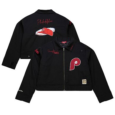 Women's Mitchell & Ness Black Philadelphia Phillies Mechanic Cropped Full-Zip Jacket