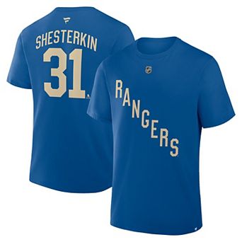 Men's Fanatics Igor Shesterkin Blue New York Rangers Authentic Stack Name & Number T-Shirt