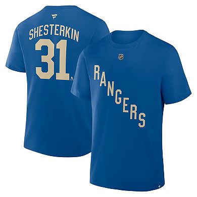 Men's Fanatics Igor Shesterkin Blue New York Rangers Authentic Stack Name & Number T-Shirt