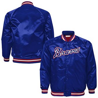 Youth Mitchell & Ness Royal Atlanta Braves Cooperstown Collection Raglan Satin Full-Snap Jacket