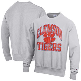 Men's Champion Gray Clemson Tigers Distressed Arch Over Logo Reverse Weave Crew Neck Sweatshirt