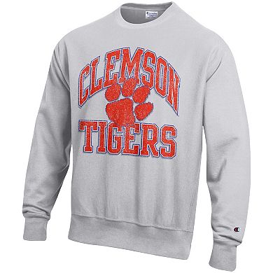 Men's Champion Gray Clemson Tigers Distressed Arch Over Logo Reverse Weave Crew Neck Sweatshirt