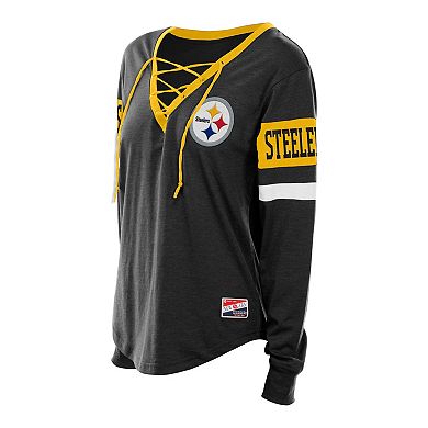 Women's New Era Black Pittsburgh Steelers Plus Size Throwback Lace-Up Long Sleeve T-Shirt