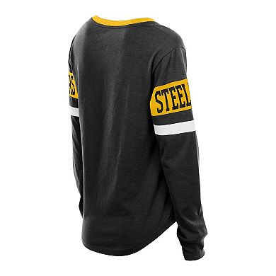 Women's New Era Black Pittsburgh Steelers Plus Size Throwback Lace-Up Long Sleeve T-Shirt