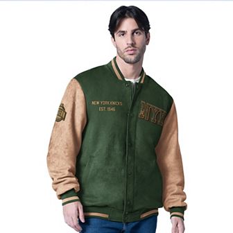 Men's G-III Sports by Carl Banks Olive New York Knicks Infielder Faux Suede Full-Zip Varsity Jacket