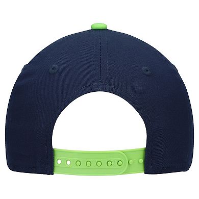 Youth New Era College Navy/Neon Green Seattle Seahawks Arch COOLERA 9FORTY A-Frame Adjustable Hat
