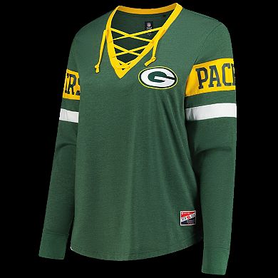 Women's New Era Green Green Bay Packers Plus Size Throwback Lace-Up Long Sleeve T-Shirt
