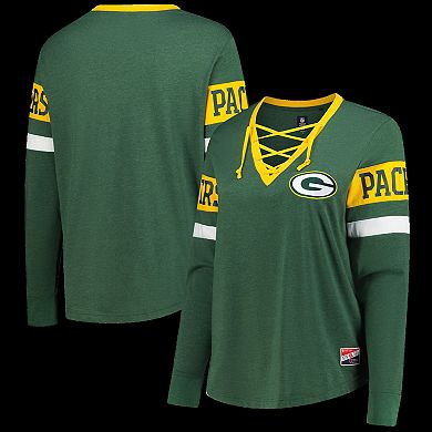 Women's New Era Green Green Bay Packers Plus Size Throwback Lace-Up Long Sleeve T-Shirt