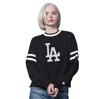 Women's Starter Black Los Angeles Dodgers Rally Cropped Drop Shoulder Crewneck Sweatshirt
