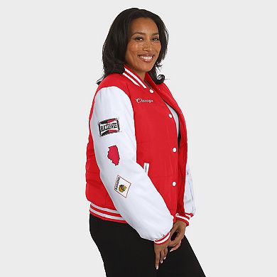 Women's WEAR by Erin Andrews Red/White Chicago Blackhawks Varsity Full-Snap Puffer Jacket