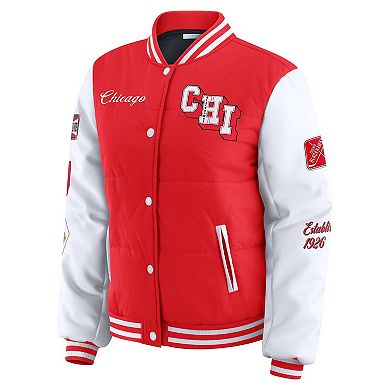 Women's WEAR by Erin Andrews Red/White Chicago Blackhawks Varsity Full-Snap Puffer Jacket