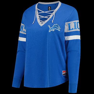 Women's New Era Blue Detroit Lions Plus Size Throwback Lace-Up Long Sleeve T-Shirt