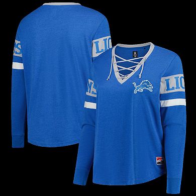 Women's New Era Blue Detroit Lions Plus Size Throwback Lace-Up Long Sleeve T-Shirt