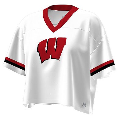 Women's Under Armour White Wisconsin Badgers Fashion Jersey Boxy Cropped V-Neck T-Shirt
