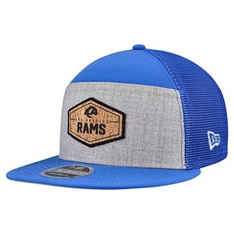 Men's New Era Gray/Royal Los Angeles Rams Cork Split Panel 9FIFTY Trucker Snapback Hat