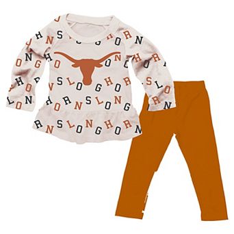 Girls Toddler Wes & Willy Oatmeal Texas Longhorns Ruffle Raglan Long Sleeve T-Shirt & Leggings Set