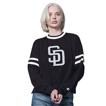 Women's Starter Black San Diego Padres Rally Cropped Drop Shoulder Crewneck Sweatshirt