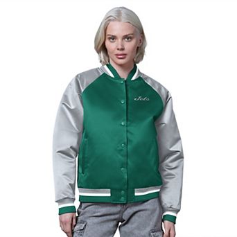 Women's Starter Kelly Green/Grey New York Jets Satin Full-Snap Vintage Varsity Jacket