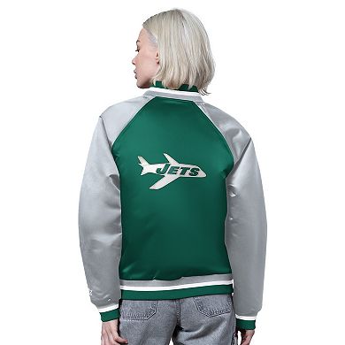 Women's Starter Kelly Green/Gray New York Jets Satin Full-Snap Vintage Varsity Jacket