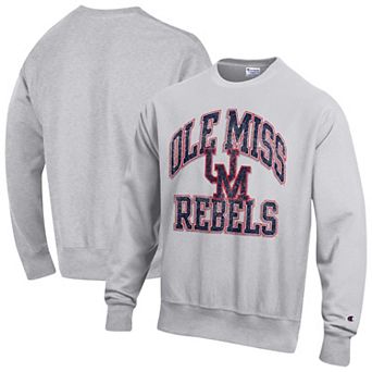 Men's Champion Gray Ole Miss Rebels Distressed Arch Over Logo Reverse Weave Crew Neck Sweatshirt