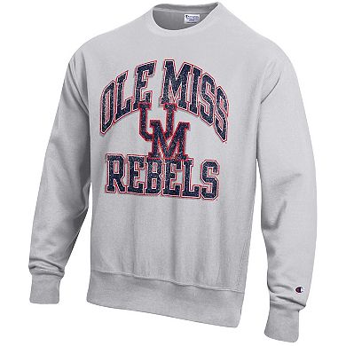 Men's Champion Gray Ole Miss Rebels Distressed Arch Over Logo Reverse Weave Crew Neck Sweatshirt